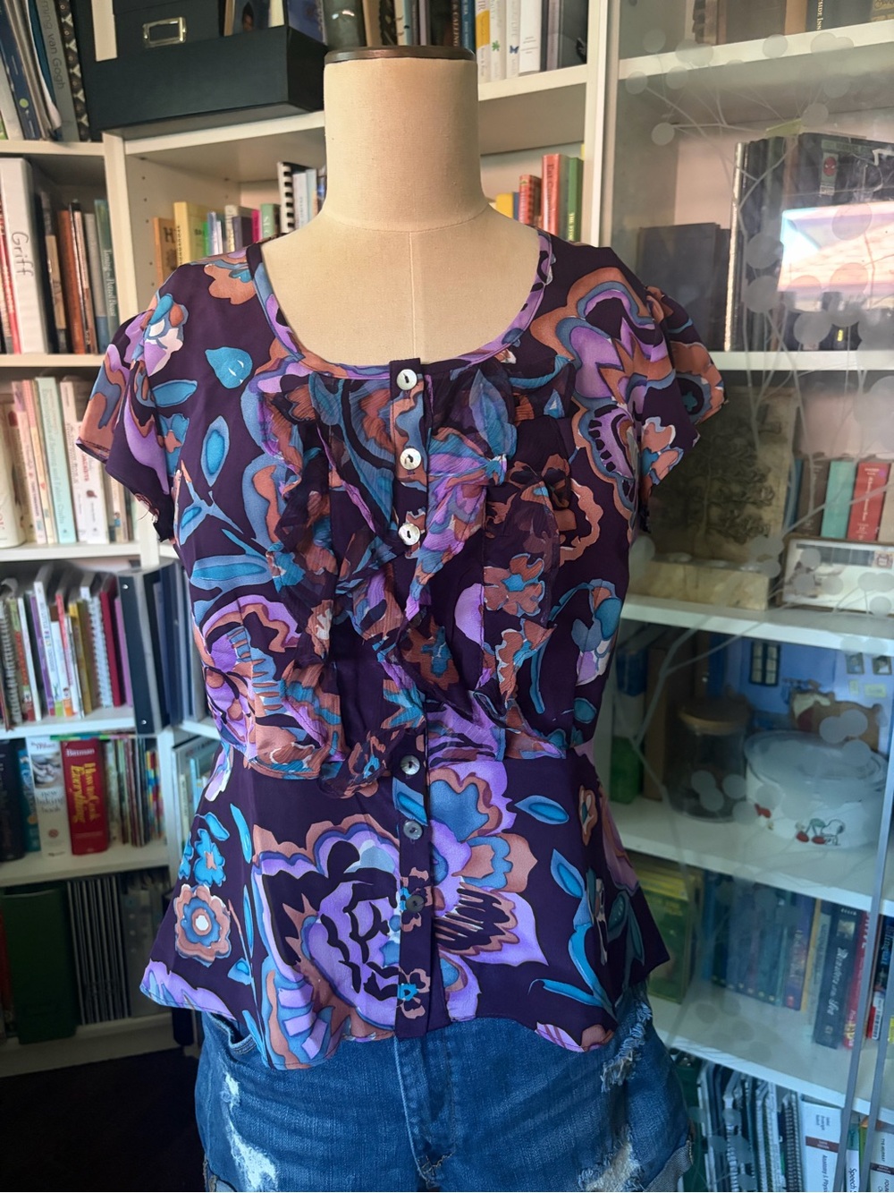 Nanette Lepore Purple Multi Floral Ruffle Button-Front Blouse